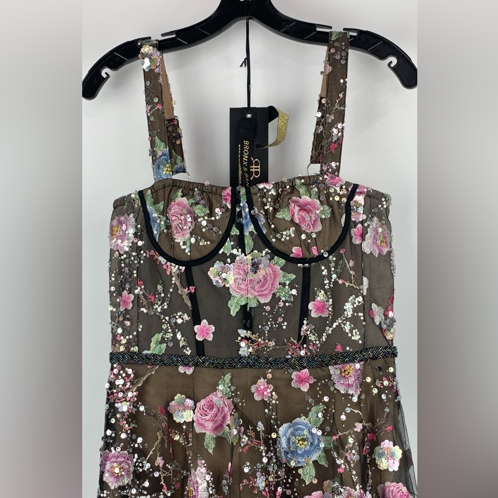 Bronx & Banco Midnight Embroidered Floral Gown Maxi Dress Sequins Size M (US 6)